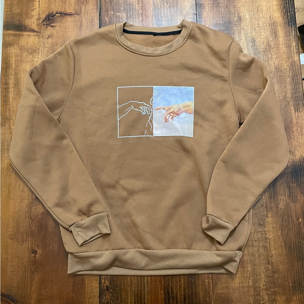 The Creation of Adam Inspired Fingers Brown Mens Medium Artsy Sweatshirt